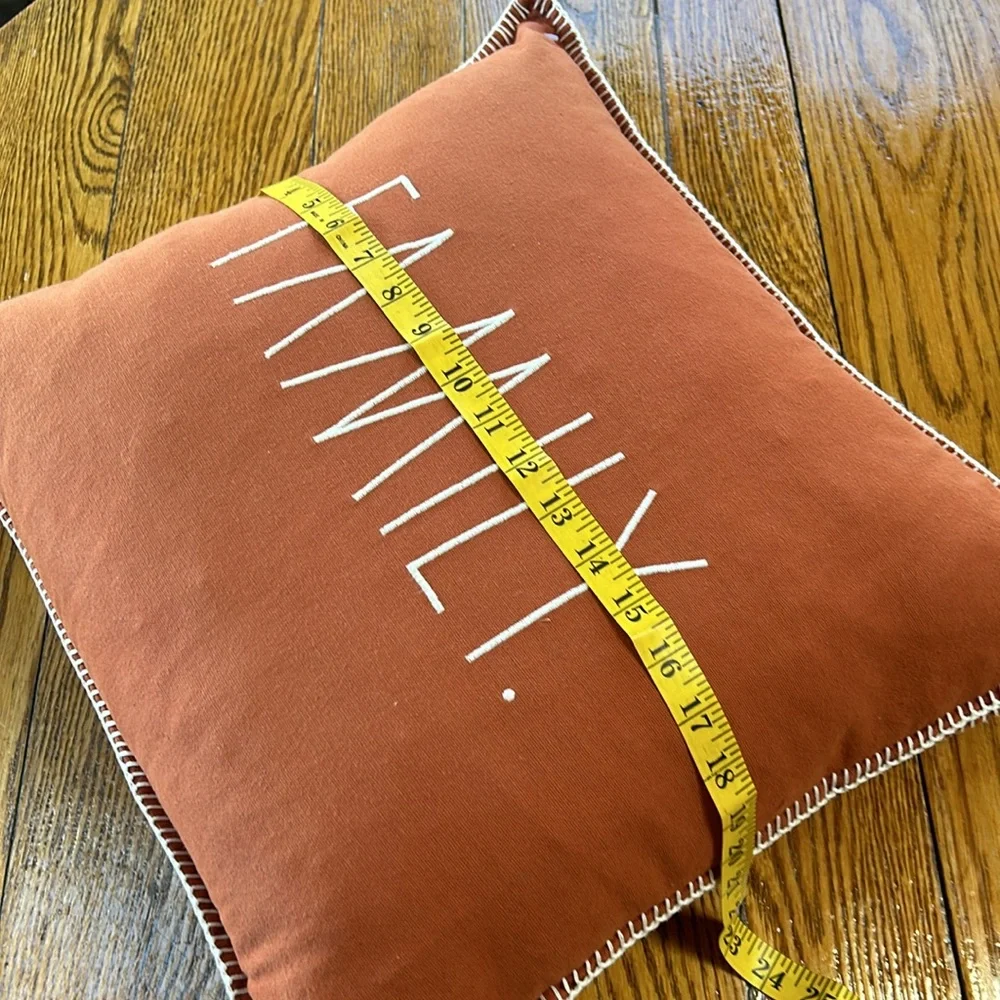 Rae Dunn FAMILY. embroidered 20” square burnt orange pillow with feather pillow